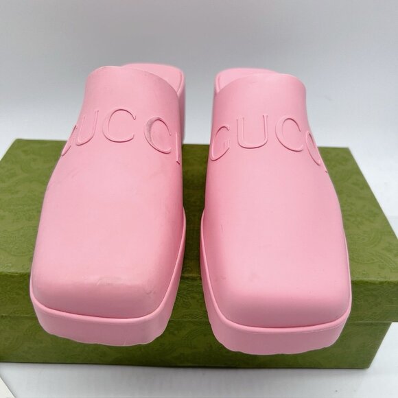 Gucci Logo Rubber Platform Heel Clogs Mules Slip On 725899 Pink Wms EU 39 US 9 - Picture 6 of 14